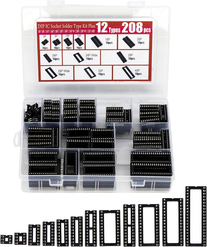 208pcs 12 Types DIP IC Socket Assortment Kit 2.54mm 0.1" Pitch 6 8 14 16 18 20 24 24Wide 28 28Wide 32 40 Pin DIP IC Socket Solder Type Adaptor Assortment Kits