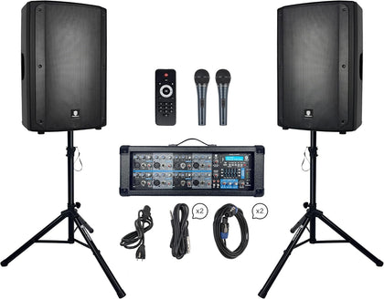 Delta 158 2400W Bluetooth PA Speaker System with 8-Channel Powered Mixer, 2 15-Inch Passive Speakers, Stands, Reverb