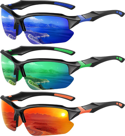 3 Pack Polarized Sports Sunglasses for Men, UV Protection Half Frame Sunglasses Comfortable for Running Cycling Driving