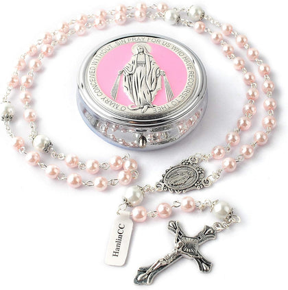 Catholic Miraculous Medal Rosary Glass Pearl Beads with Gift Box