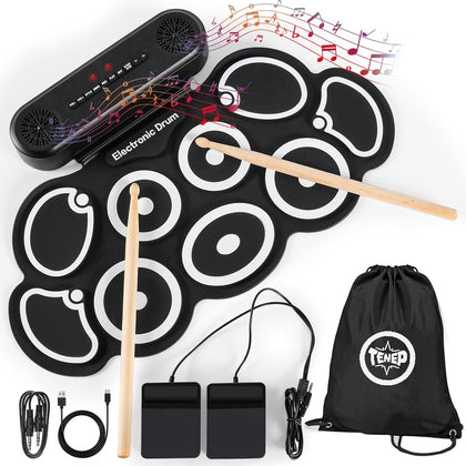 Electronic Drum Set 9 Pad, Portable Roll Up Drum Kit with USB MIDI & Bluetooth, Built-in Speakers, Foot Pedals