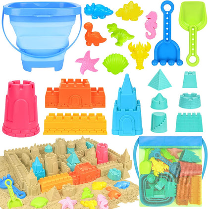 Collapsible Beach Toys for Kids Toddlers, Collapsible Sand Bucket and Shovels Set with Mesh Bag,Travel Sand Castle