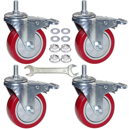 4 Inch Heavy Duty Stem Casters 360 Degree Swivel Thread Wheels with Metric Size M12-1.75 Screw Bolt Double Locking