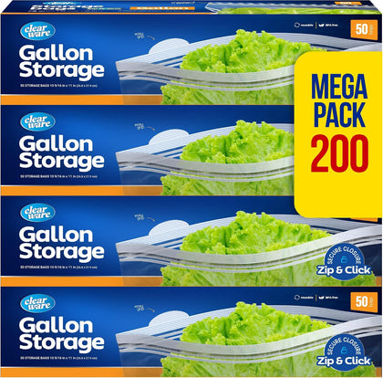 Double Zipper Storage Bags, Gallon Size - 200 Count, (4 packs of 50), Reusable Thick Food Plastic Storage Bags