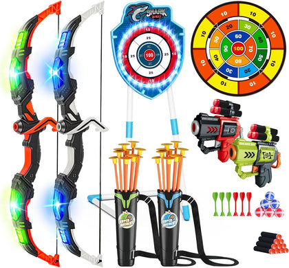 2 Pack Bow and Arrow Toy with LED Light - 4 in 1 Archery & Dart Game Set with 20 Suction Cup Arrows, Shark Glow