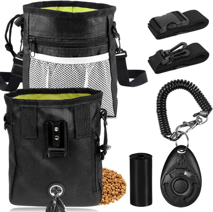 3-in-1 Dog Treat Pouch for Training, Hands-Free Dog Training Treat Bag with Clicker & Poop Bag Dispenser, Adjustable