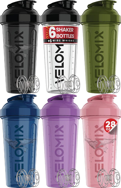 6 Pack 28oz Shaker Cups for Protein Shakes, Blacks to Transparent | 6x Wire Whisk, Leak Proof Protein Shaker Bottle