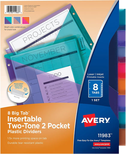 Big Tab Insertable Plastic 2 Pocket Dividers for 3 Ring Binders, 8 Tab Set, Two-Tone Multicolor, Works with Sheet