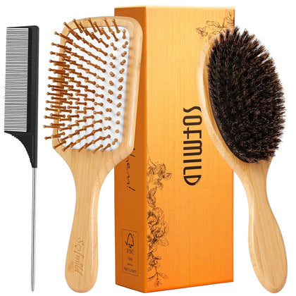 Hair Brush Set with Bamboo Detangling Brush and Boar Bristle Brush | 2 Pack HairBrush Set for Women Men Kids, Bamboo