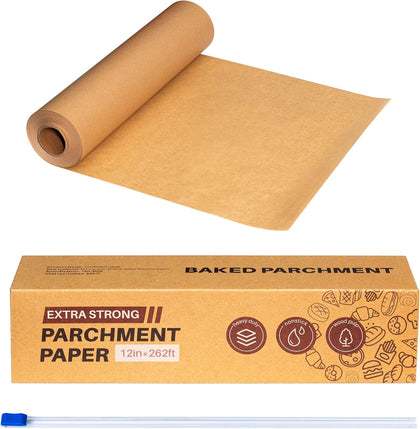 Unbleached 12in x 262ft Parchment Paper Roll with Built-in Slide Cutter - Food Grade Non-Stick Baking Paper for