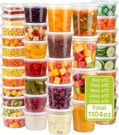 60 Sets Deli Containers with Lids, 32/24/16/12/8 oz (12 Set Each), Leakproof & Airtight BPA Free Takeout Food Storage