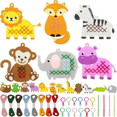 Cross Embroidery Kit for Kids Beginner 12 Jungle Animals Felt Keyrings Needlepoint Embroidery Starter Set with Jumbo