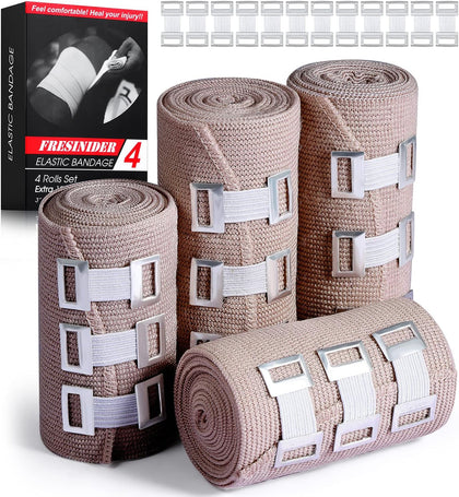 Elastic Bandage Wrap 4 Pack(2 X 3 + 2 X 4 Wide Rolls) + 24 Clips | Stretch Compression Bandage Stretches up to 15ft |