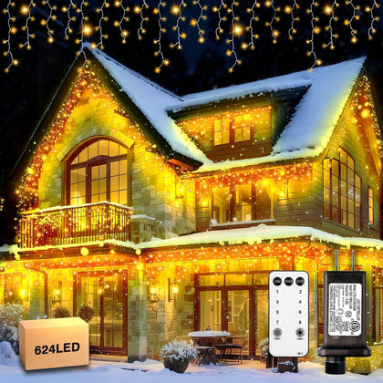 624 LED Icicle Lights Outdoor, Plug in 59ft Waterproof Christmas String Lights, 8 Modes 4 Adjust Brightness, Remote &