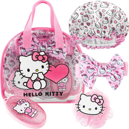 Hello Kitty Sanrio Shower Accessories Set, Kawaii Toiletry Bag with Shower Cap Headband Bath Sponge, Gifts for Girls