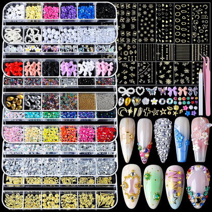 Nail Charms Nail Gems with 15 Sheets Gold Nail Stickers, 6 Boxes of Rhinestones for Nails Art Tools, 3D Nail Decals