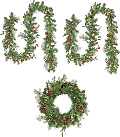 Pre-Lit Christmas Decoration Set | 1 Wreath, (2) 9ft Garlands, Decorated with Pinecones and Berries, Warm White LED