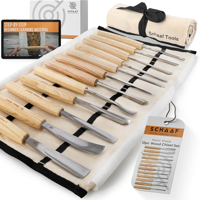 12-pc Wood Chisel Set with Gouges, Cr-V 60 Steel | Full size carving chisels for sculpture and relief carving