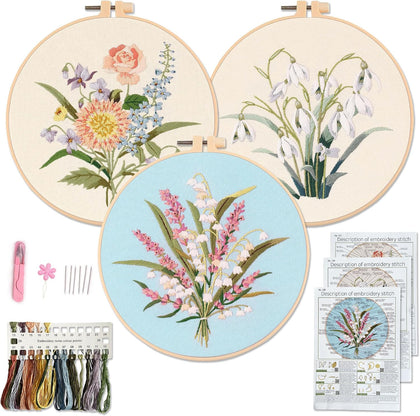 Embroidery kit for Adults and Beginners, Includes 3 Floral Pattern Fabrics, 3 Embroidery Hoops, Embroidery Floss and