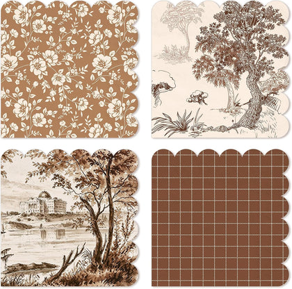 100 Pcs Fall Cocktail Napkins Scalloped Vintage Brown Paper Napkins