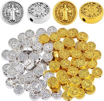 100pcs 9.5 mm Round Double-Sided Jesus Cross Spacer Beads Catholic Saint Benedict Beads Religious Loose Beads for DIY