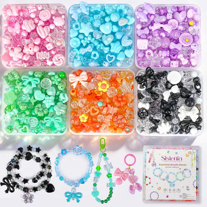 480PCS Acrylic Beads for Bracelet Making Kit with String, 6 Colors Assorted Cute Beads Bracelet Charms for Jewelry