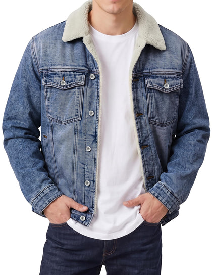 Mens Sherpa Fleece Lined Denim Trucker Jacket, M, Dark Blue