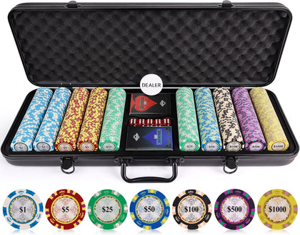 Poker Chip Set - Casino Grade 13.5g Poker Chips, 7 Color Chip Denomination - 2 Decks of Cards, Dice, Dealer Button