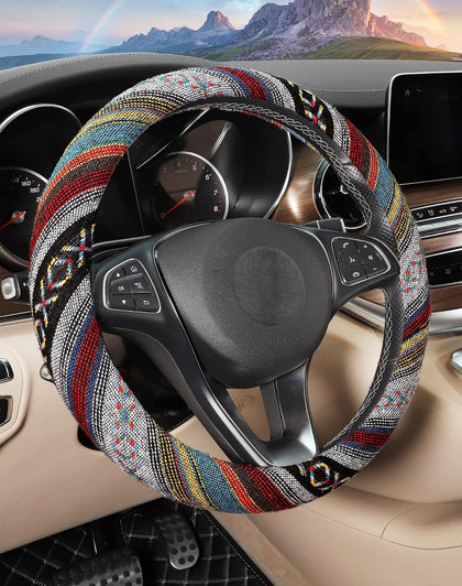 Boho Steering Wheel Cover with Baja Blanket Cloth, Ethnic Style Auto Wheel Cover Made of Coarse Flax, Fits 14 1/2-15