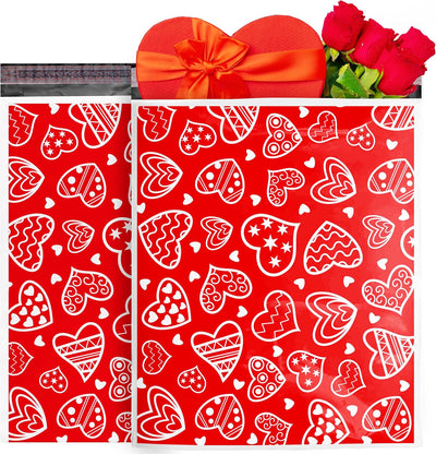 Valentines Poly Mailers 10 x 13 Glossy Red Hearts Decorative Plastic Waterproof Bags Shipping Mailing Envelope 2 Mil