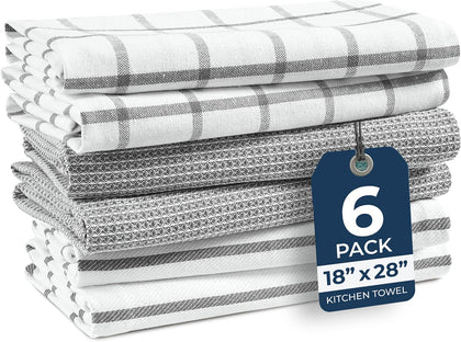 Cotton Kitchen Towels and Dish Cloths Set, 6-Pack – Absorbent, Quick-Drying Dish Towel, 18" x 28", Soft, Premium Hand