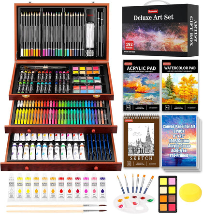 Art Supplies, 192-Pack Deluxe Art Set Drawing Painting Supplies Kit with Acrylic Pad, Watercolor Pad, Sketch Book