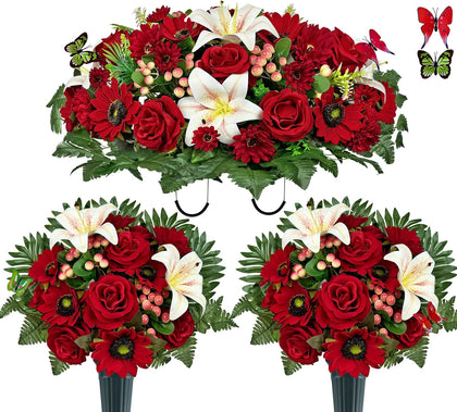 Artificial Cemetery Flower Bouquets and Headstone Flower Saddle for Grave,Three-Piece Set:Rose,Sunflower Rose