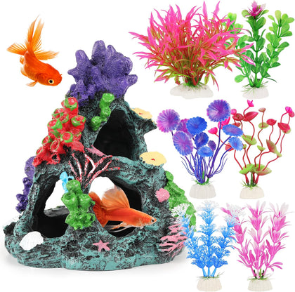 Fish Tank Plants, 7 Pieces Colorful Aquarium Plants and Coral Reef Set for Fish Tank Decoration, Mountain Cave