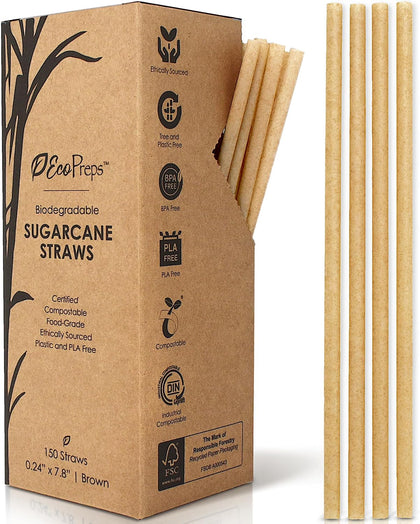 Biodegradable Sugarcane Disposable Straws, Plastic-Free, 150 Count