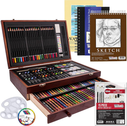162-Piece Mega Wood Box Artist Kit with Painting, Drawing & Art Supplies for Adults - 24 Each (Watercolors, Oil