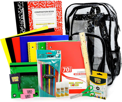 17" Clear Backpack Bundle for Elementary School | Back to School Bookbag with Supplies | Contains Crayons, Colored