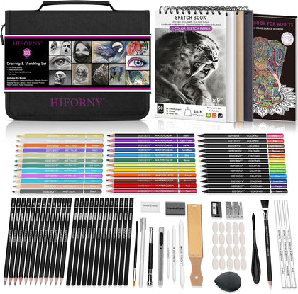 100 PCS Drawing & Sketching Set, Professional Art Supplies with Graphite,Charcoal, Colored,Watercolor,Metallic