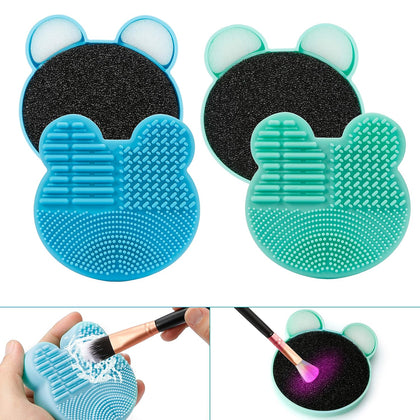2 Pack Makeup Brush Cleaning Mat with Color Removal Sponge, 2 in 1 Design Silicone Cleaner Pad for Dry Brush Color