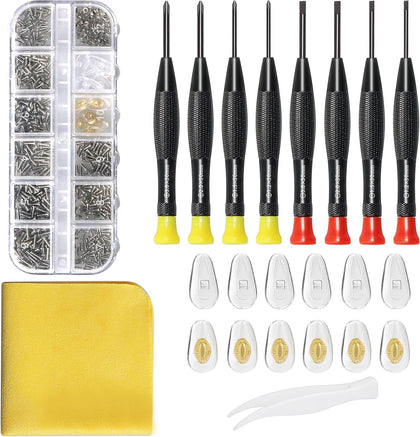 Eyeglass Repair Kit with Glasses Screws - Contains Precision Screwdriver kit and Nose Pads, Cleaning Cloth, Tweezers