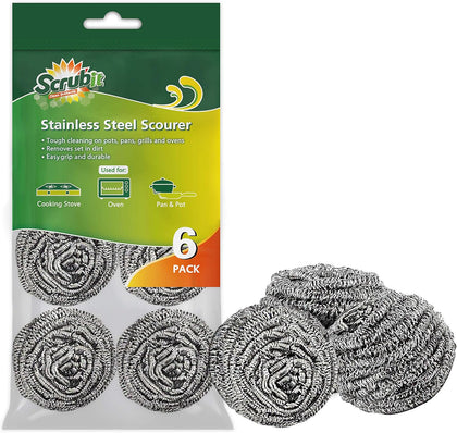6 Pack Stainless Steel Scourers – Steel Wool Scrubber Pad Used for Dishes, Pots, Pans, and Ovens. Easy scouring for