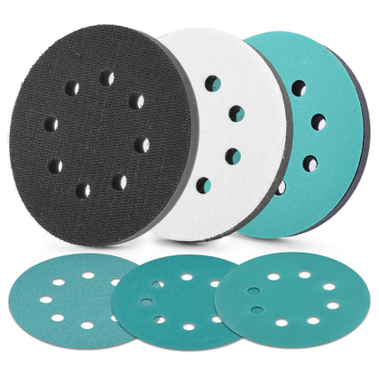 5 Inch Orbital Sander Interface Pads and Sanding Discs | 3 Foam Buffer Pads & 3 Grit Sandpaper (80/120/240), 8-Hole