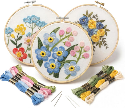 Embroidery Kit Collection, 6 Inch, 3 Pack, Floral Embroidery Kits, with Hoops, Floss, Printed Fabric and Instructions