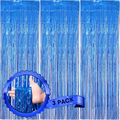 3 Pack 3.3 x 8.2 ft Laser Blue Foil Fringe Backdrop Curtains, Tinsel Streamers Birthday Party Decorations, Fringe