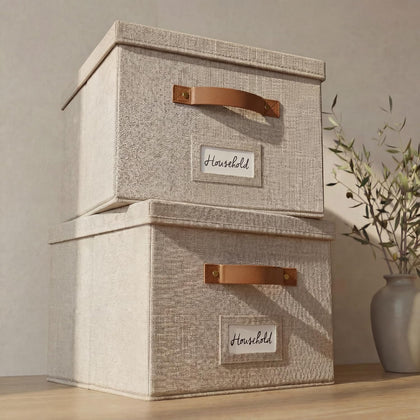 Decorative File Organizer Box Set of 2 - Collapsible Linen Filing Cabinets with Handles Are Perfect to Store All Your