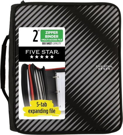Zipper Binder, 2 Inch 3-Ring Binder with Round Rings, 5-Tab Expanding File, 380 Sheet Capacity, Black (72536)
