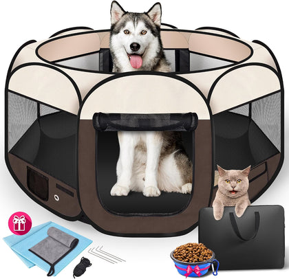 45" Large Portable Dog Playpen, Foldable Indoor Outdoor Pet Fence, Brown