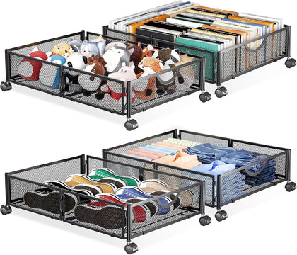 Under Bed Storage with Wheels, 4 Pack Under Bed Shoe Storage Organizer Drawer, Tool-free Assembly Metal Underbed