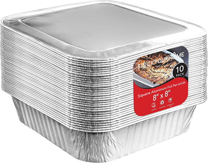8x8 Foil Pans with Lids (10 Pack) 8 Inch Square Aluminum Pans with Covers - Foil Pans and Foil Lids - Disposable Food