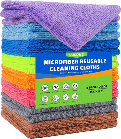Microfiber Cleaning Cloths 16 Pack 8 Color Cleaning Rags for Housekeeping Home Kitchen Bathroom Car,11.5"X11.5" Soft